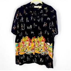 Vintage UNITS Tropical Vacation People Print Shoulder Pads Button Up Rayon Shirt